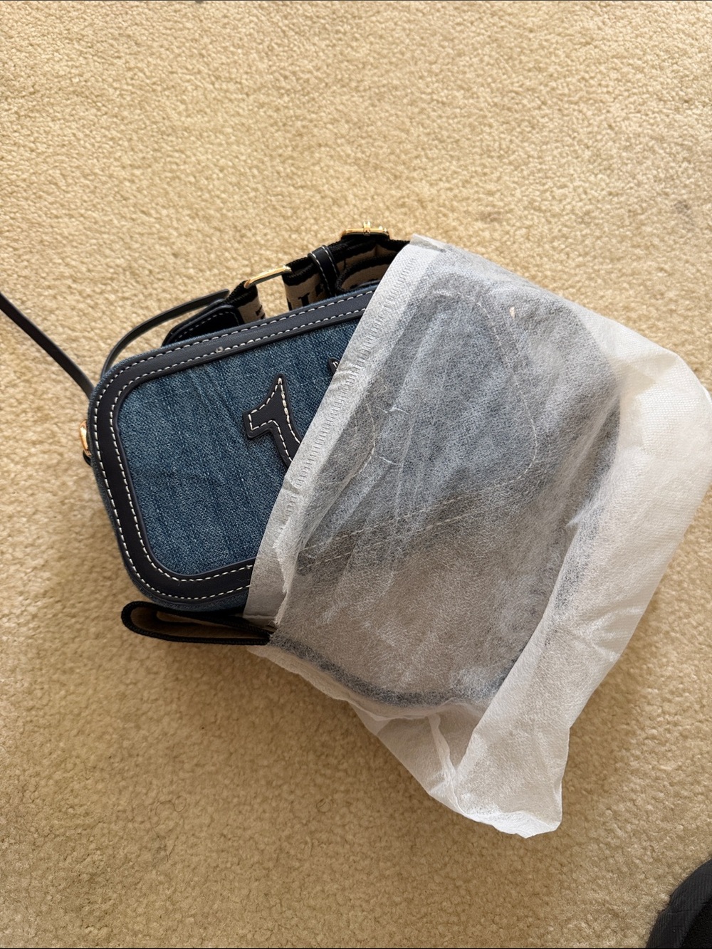 True Religion Denim Crossbody with Black Trim and White Stitching